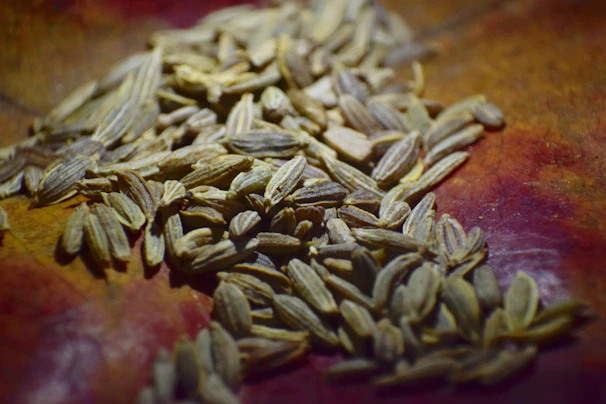 Close-up of golden mustard seeds being gently cold-pressed in a rustic wooden press.