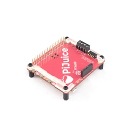 A red electronic circuit board labeled 'PiJuice' with various connectors and pins. It has four black legs to elevate it off a surface and contains several black components and gold pins.