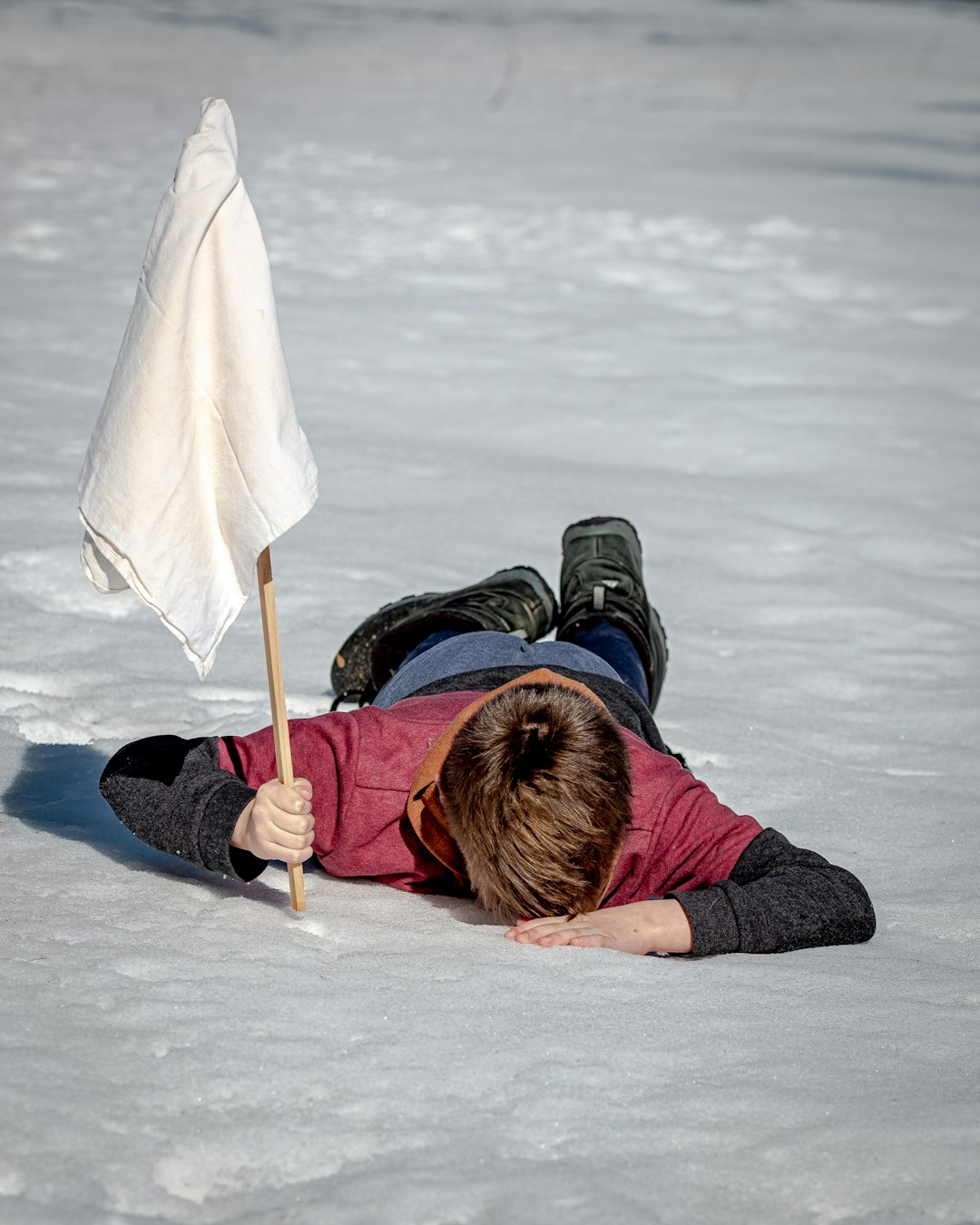 Boy holds a white flag in the snow. 

My siblings don't typically light up with joy when I ask if they can be a subject for a photo of mine but on this day, my little brother was more than willing. 
Maybe he's warming up to it??
Maybe he just wanted me to shut up about it???
(thanks, Jace. Love you)