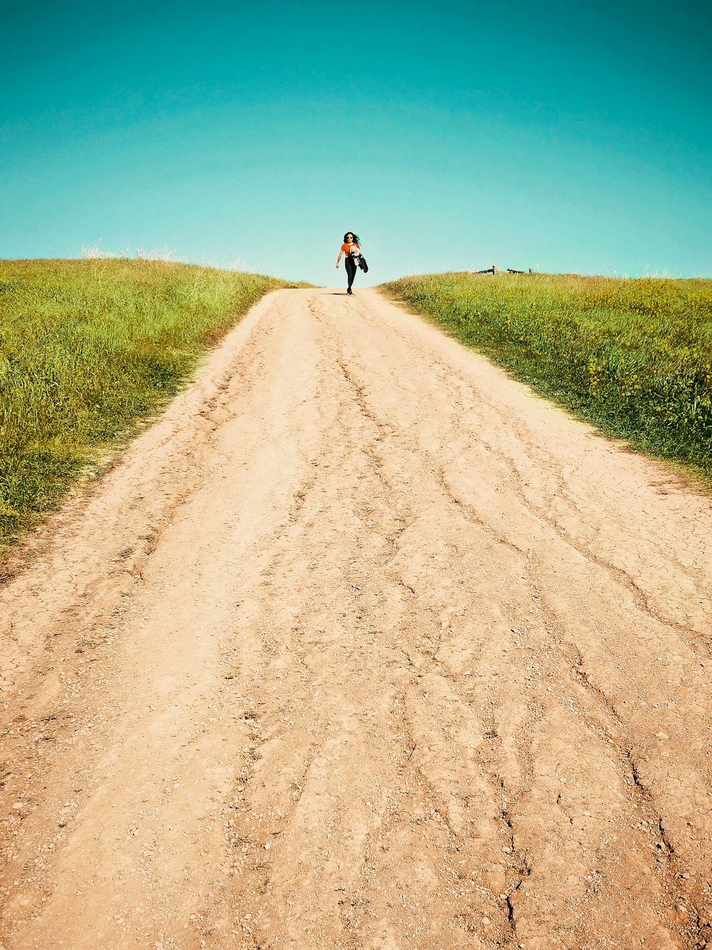 person in black shirt and black pants walking on brown dirt road between green grass field