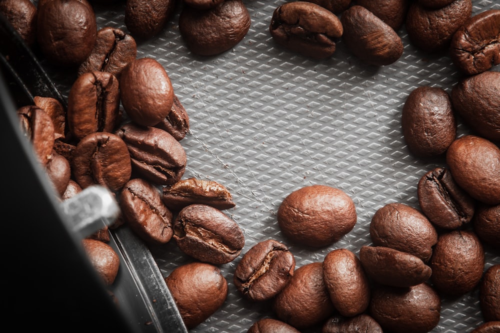 brown coffee beans on silver tray