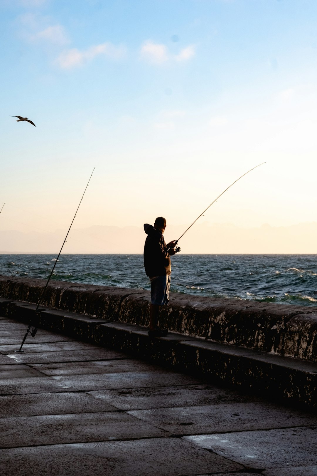 man in black t-shirt and black shorts fishing on sea during daytime