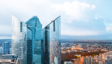 a view of some very tall buildings in a big city