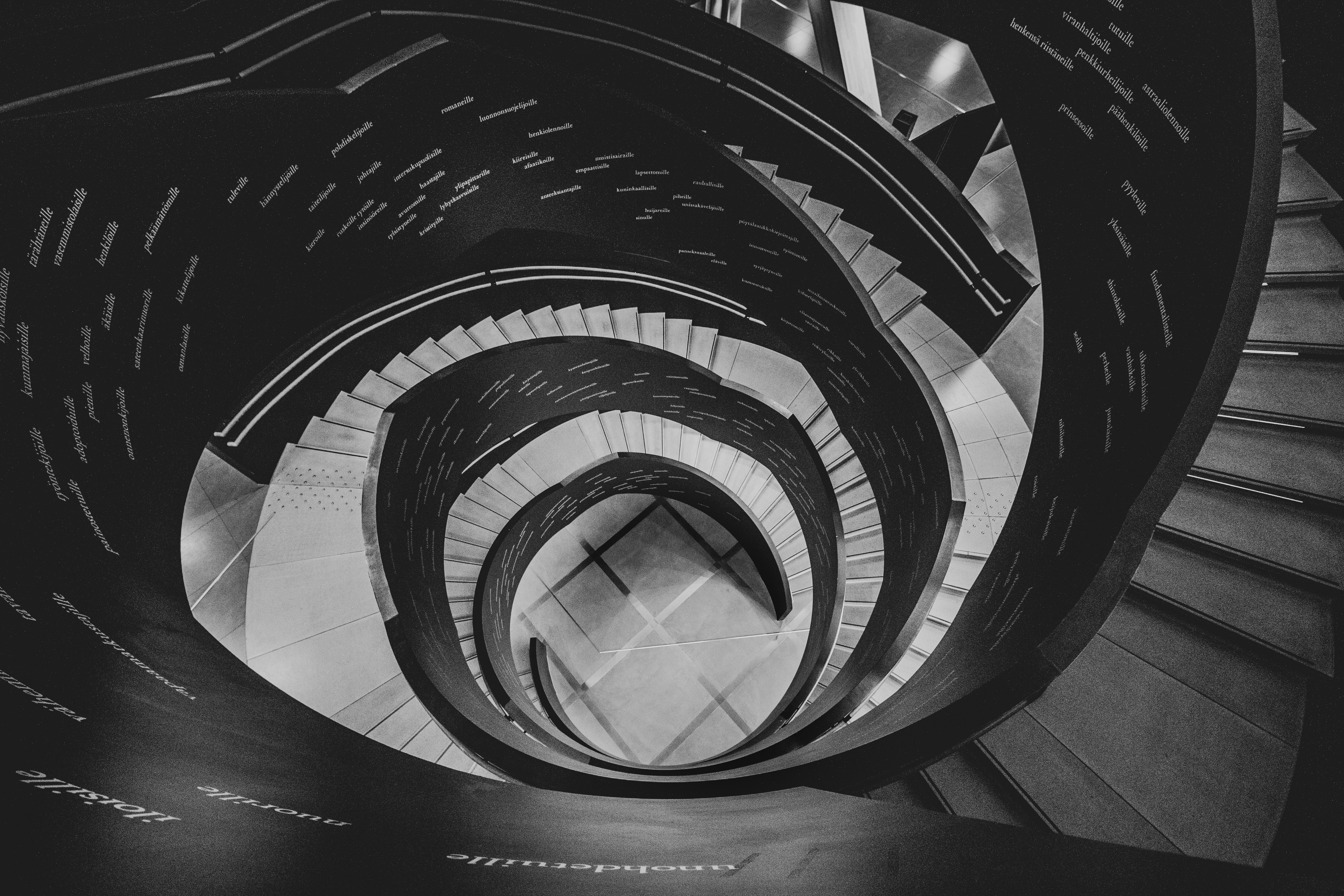 black and white spiral spiral staircase