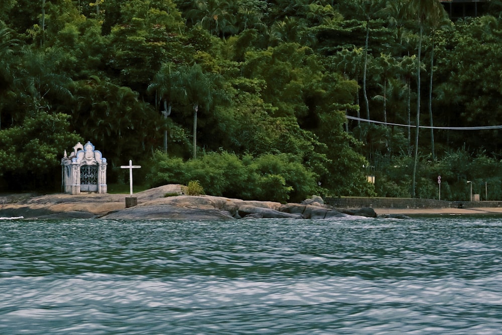 white and brown concrete building near green trees and body of water during daytime