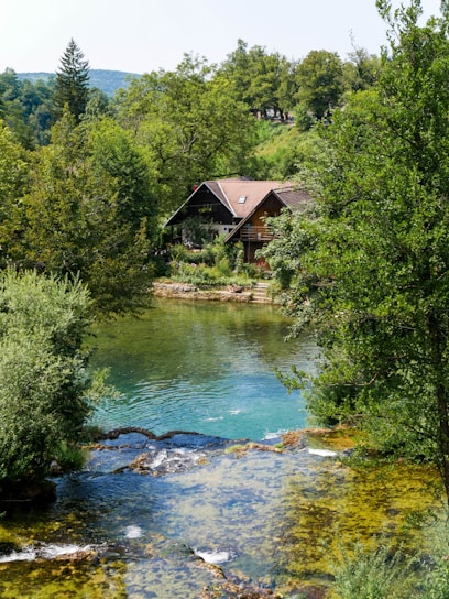 A rustic wooden house surrounded by lush green trees, positioned next to a clear, flowing river. The river flows gently over rocks, creating a serene and peaceful atmosphere. In the background, a forested hill rises, adding depth to the natural landscape.