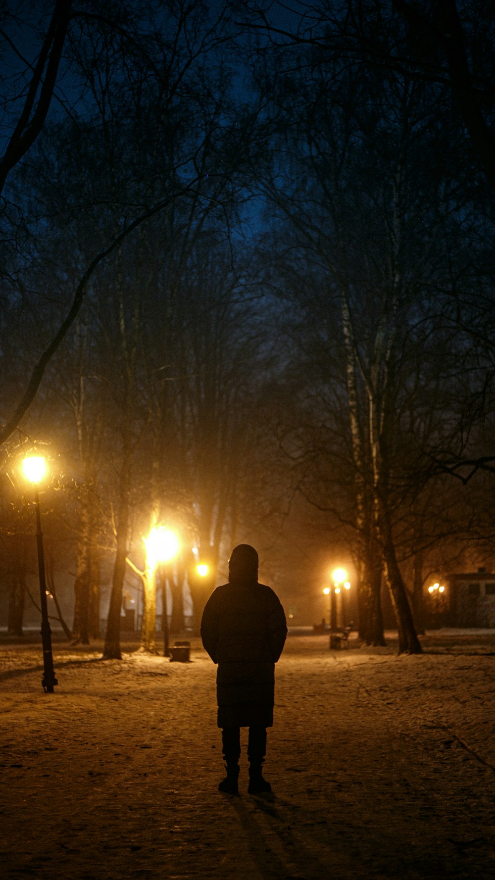 silhouette of man standing on road during night time