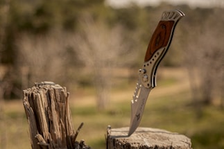 A folding knife with a wooden handle is embedded into a weathered tree stump. The knife has a stainless steel blade with a partially serrated edge and a star emblem. The background is blurred, consisting of a natural outdoor setting with trees and grass.