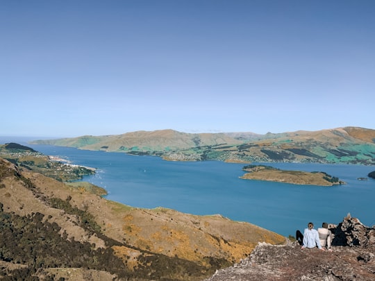 people sitting on rock formation near body of water during daytime in Port Hills New Zealand