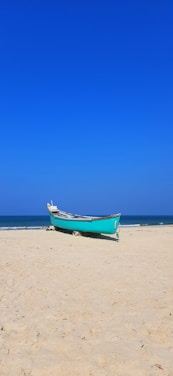 blue and white boat on beach during daytime
