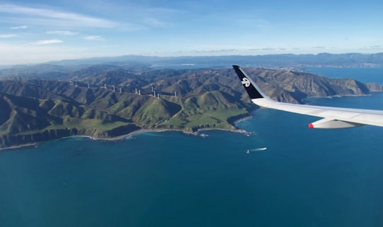 aerial view of green mountains and lake in Wellington New Zealand