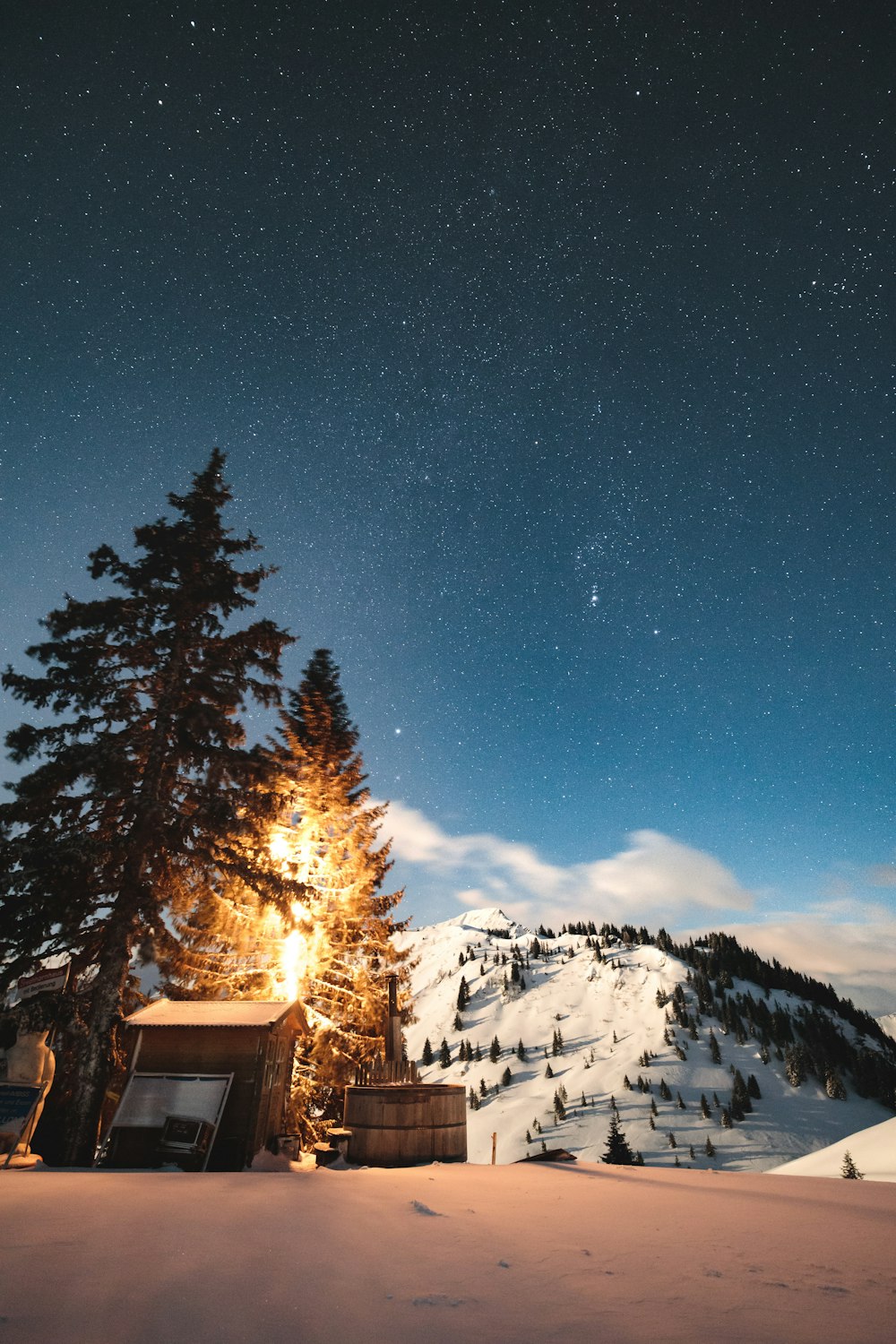 brown wooden house on snow covered ground near trees under blue sky during night time