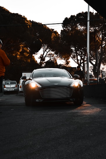 A sleek black luxury car parked on a city street at dusk.