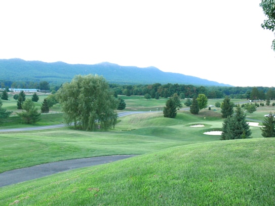 A lush, expansive golf course set against a backdrop of rolling hills and dense trees. The landscape features well-maintained grass, sand bunkers, and scattered trees, creating a serene and picturesque setting.