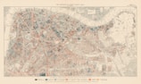 A historical map outlining London from the late 19th century, featuring a color-coded system to represent various poverty levels across different areas. Streets and neighborhoods are meticulously marked with names and color indications, with major roads highlighted in red. The River Thames is visible at the top portion of the map, providing geographical context. Smaller sections within the map are detailed with a focus on economic data representation.