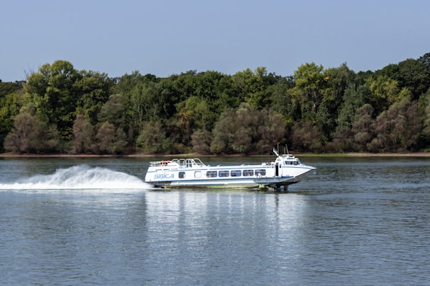 A 115 hp boat slicing through crystal-clear river waters surrounded by lush green parkland