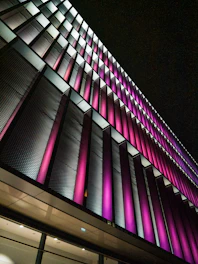 Sleek commercial building facade illuminated by subtle violet and blue neon lighting.