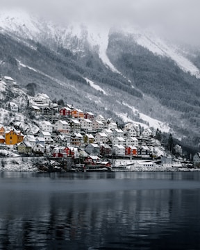 houses near body of water and snow covered mountain during daytime