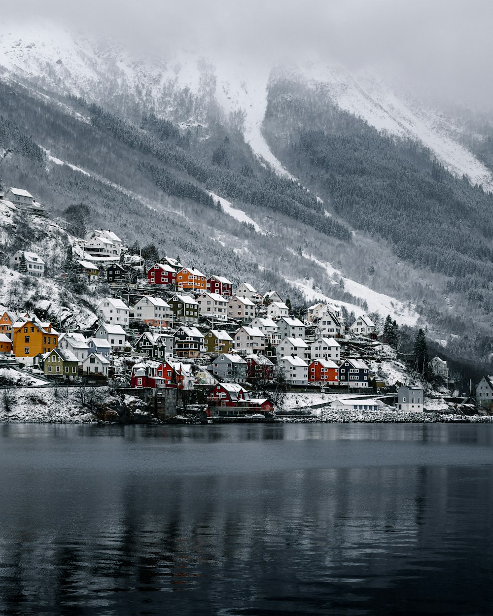 Casas cerca de cuerpos de agua y montañas cubiertas de nieve durante el día