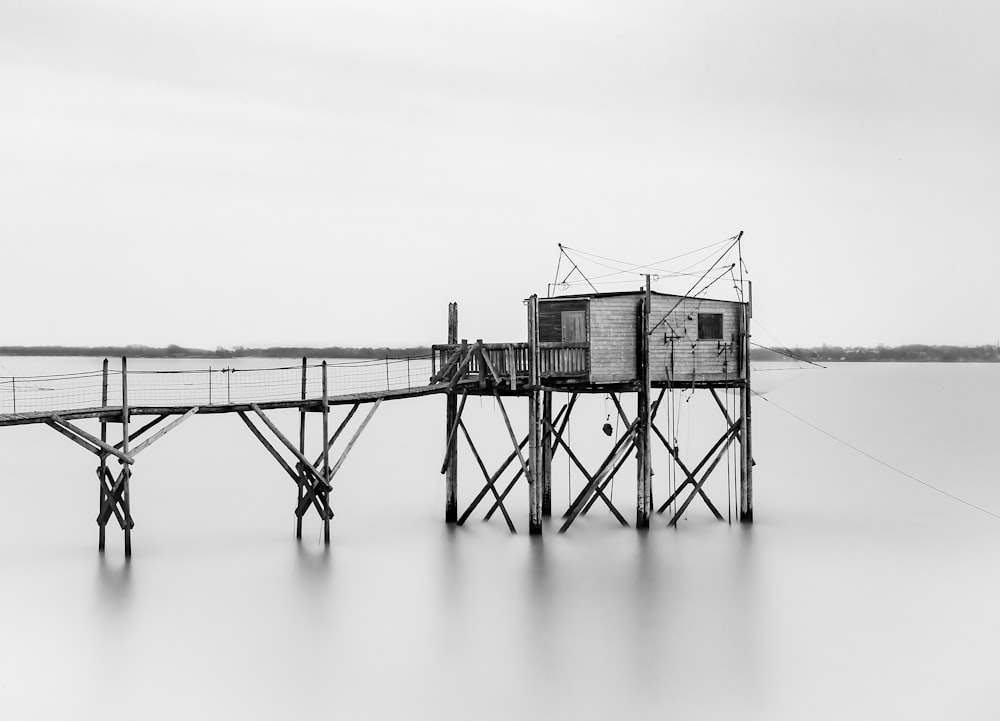 grayscale photo of wooden dock on body of water