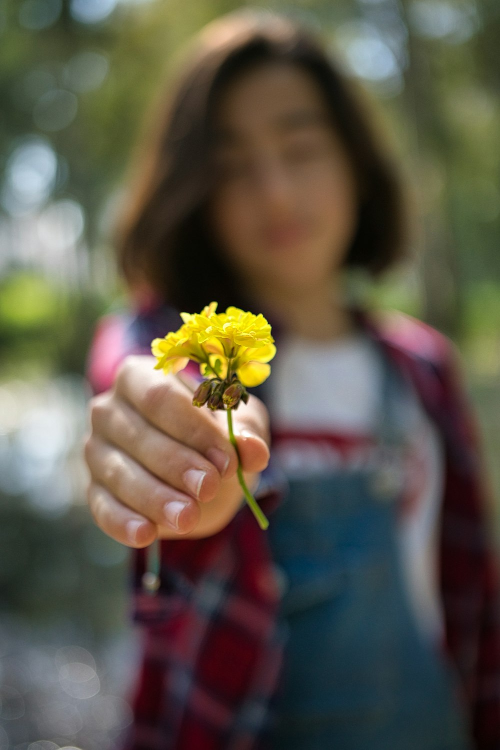 menina na camisa de manga comprida vermelha e branca segurando a flor amarela