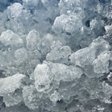 A close-up view of several scattered ice cubes, displaying their translucent and crystalline structure. The ice appears slightly wet and glistening, with varying sizes and irregular shapes.