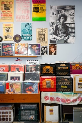 assorted vinyl record on brown wooden shelf