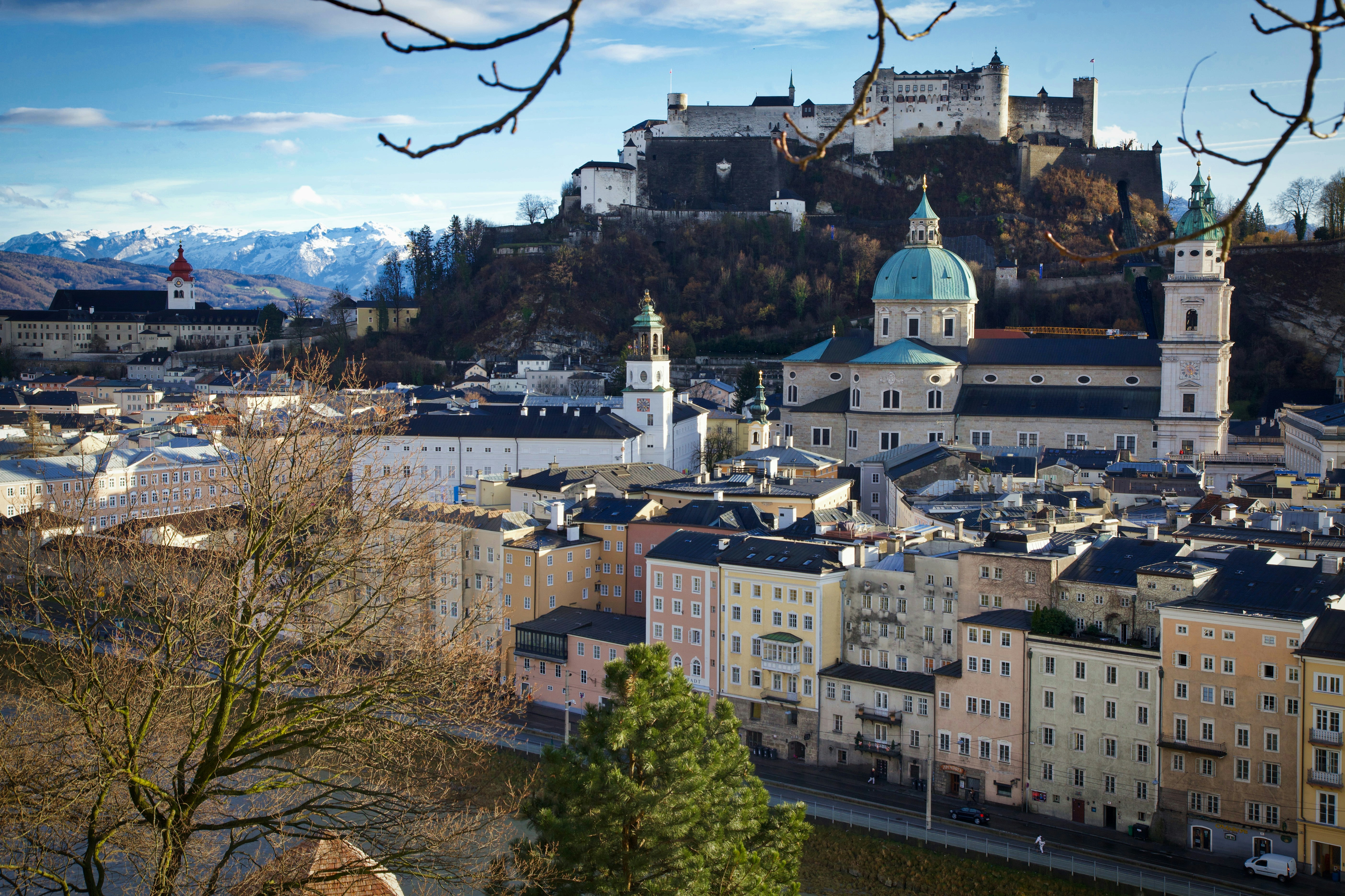 white and brown concrete buildings near green trees under blue sky during daytime, 