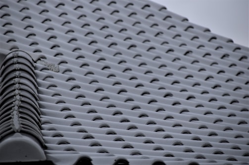 A close-up view of a tiled roof, showcasing a repetitive pattern of overlapping ceramic tiles. The tiles have a gentle curve and are uniformly arranged, creating a symmetrical and orderly appearance. The muted color of the tiles suggests they may be older or simply toned to a neutral color palette.