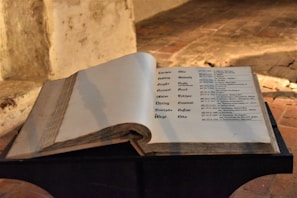 An open book displayed on a stand with visible text written in a Gothic script. The background consists of a rough, textured wall and a brick floor, suggesting an old or historical setting.