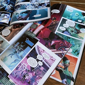 Several open comic book pages are laid out on a wooden surface, showcasing vibrant, futuristic scenes and characters. Speech bubbles contain dialogues, and the art style is colorful and dynamic. Characters appear to be in a space or sci-fi setting.