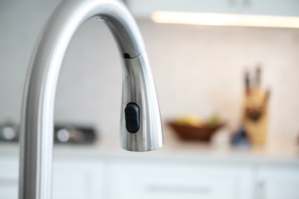 A stainless steel kitchen tap