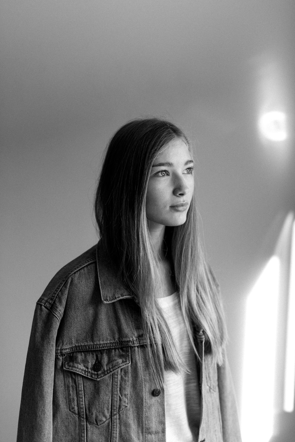 woman in black leather jacket