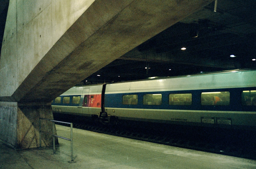 blue red and white train