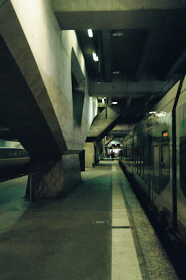 A train platform with a dark, industrial atmosphere. The concrete structures form geometric patterns above, while a train is positioned on the right. The platform is mostly empty, with dim lighting accentuating shadows.
