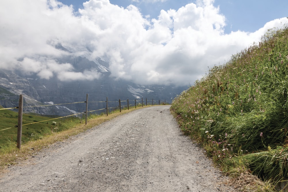 gray dirt road between green grass under white clouds during daytime