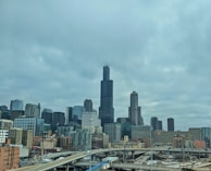An urban skyline with a focus on corporate buildings.