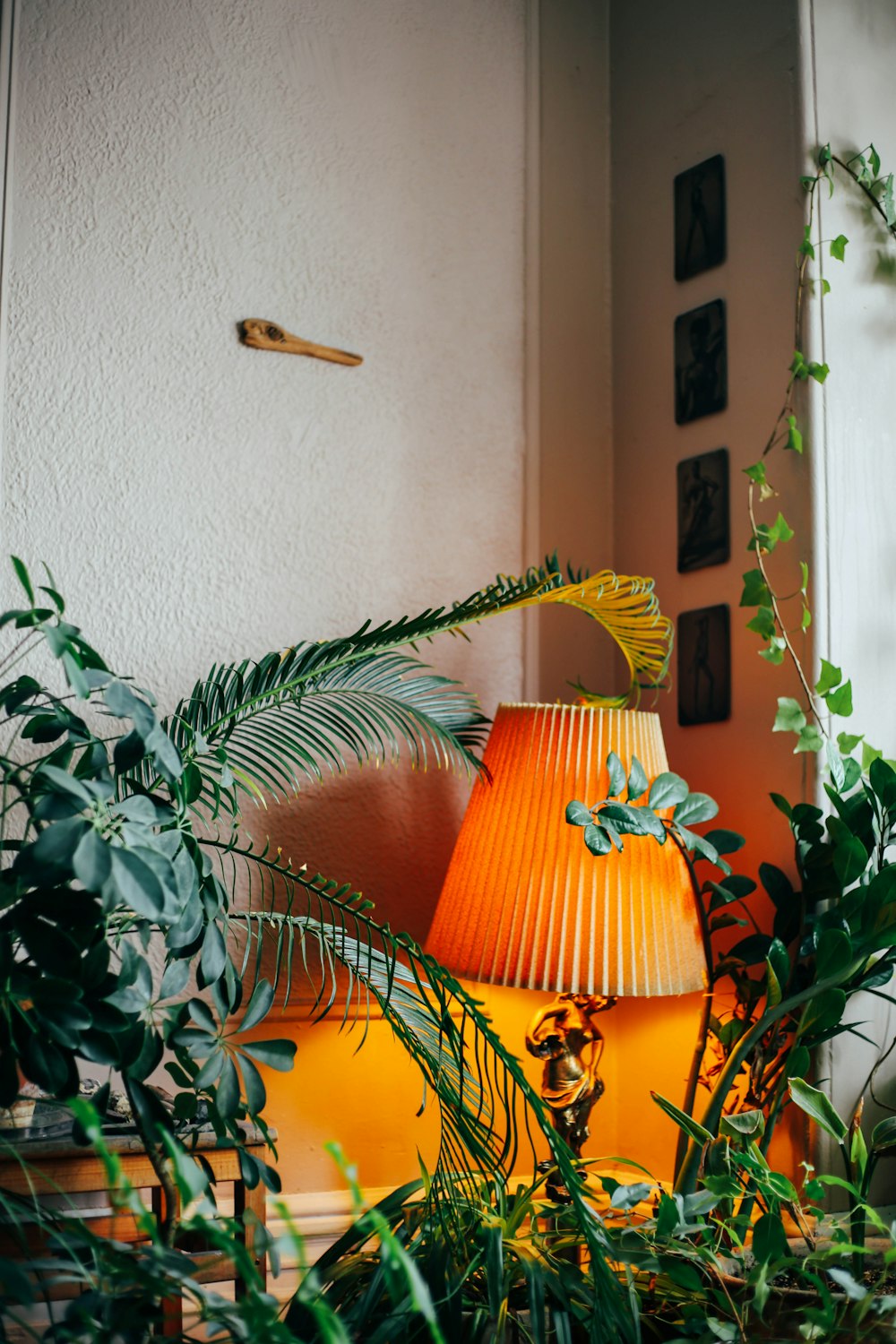 brown and yellow table lamp