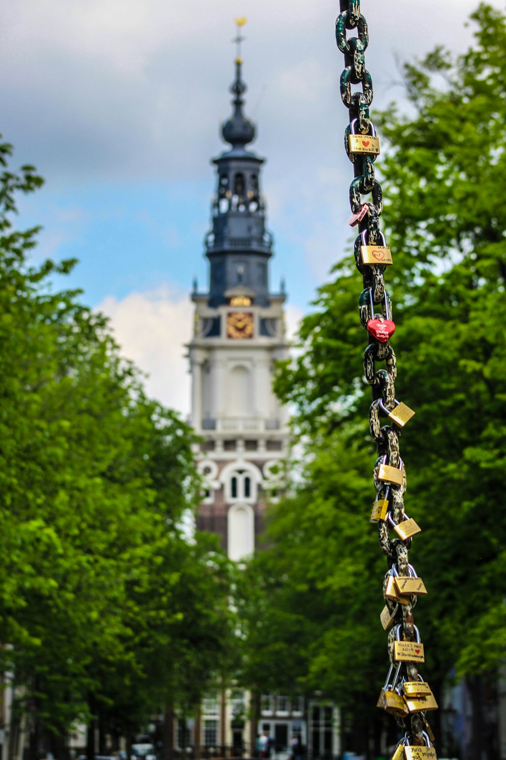 gold and black bell hanging on green tree during daytime