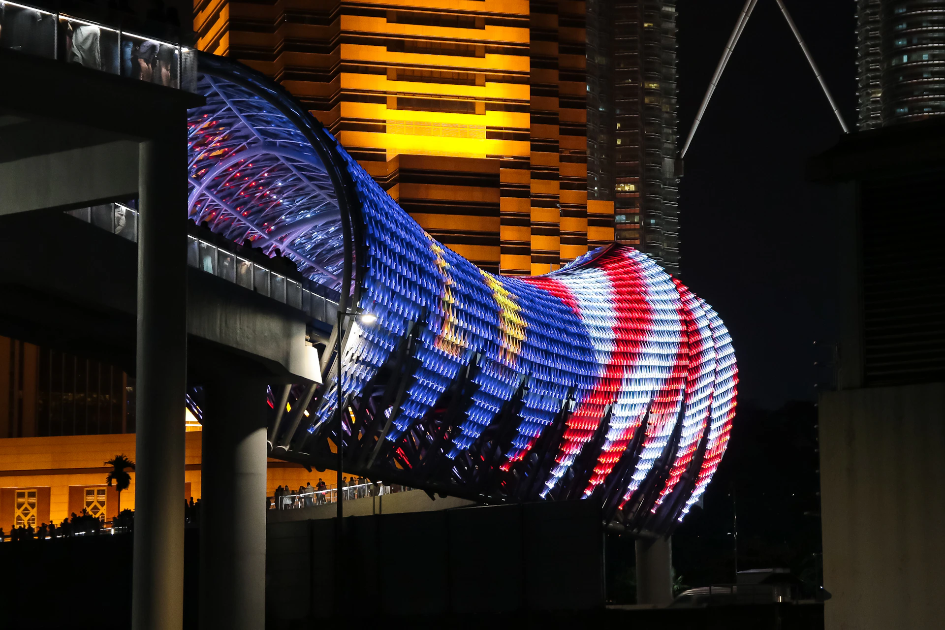 red blue and white striped lighted building