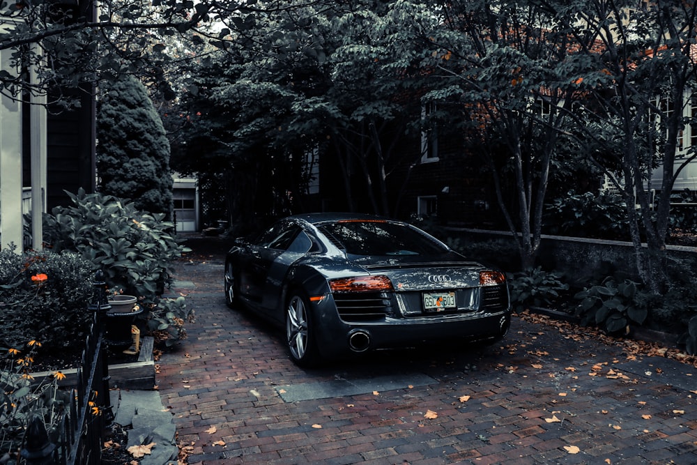 black bmw car parked beside tree