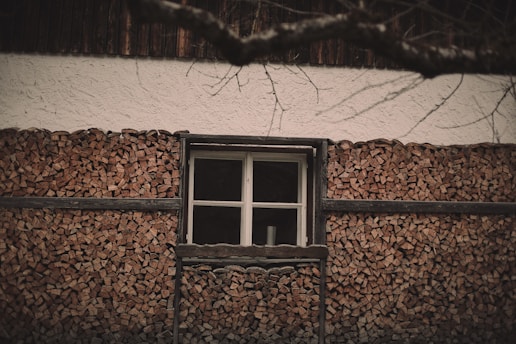 A wall of stacked firewood with a window in the center. Above the firewood, the building has a white plaster exterior. Tree branches, bare of leaves, are visible in the foreground, adding a natural element.