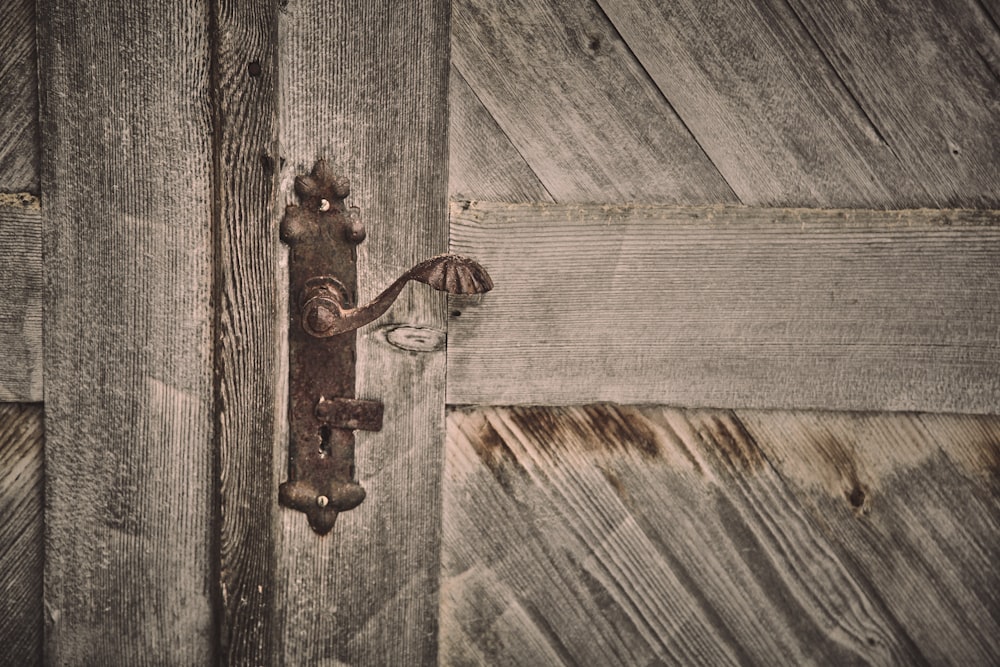 brown wooden door with black steel door lever