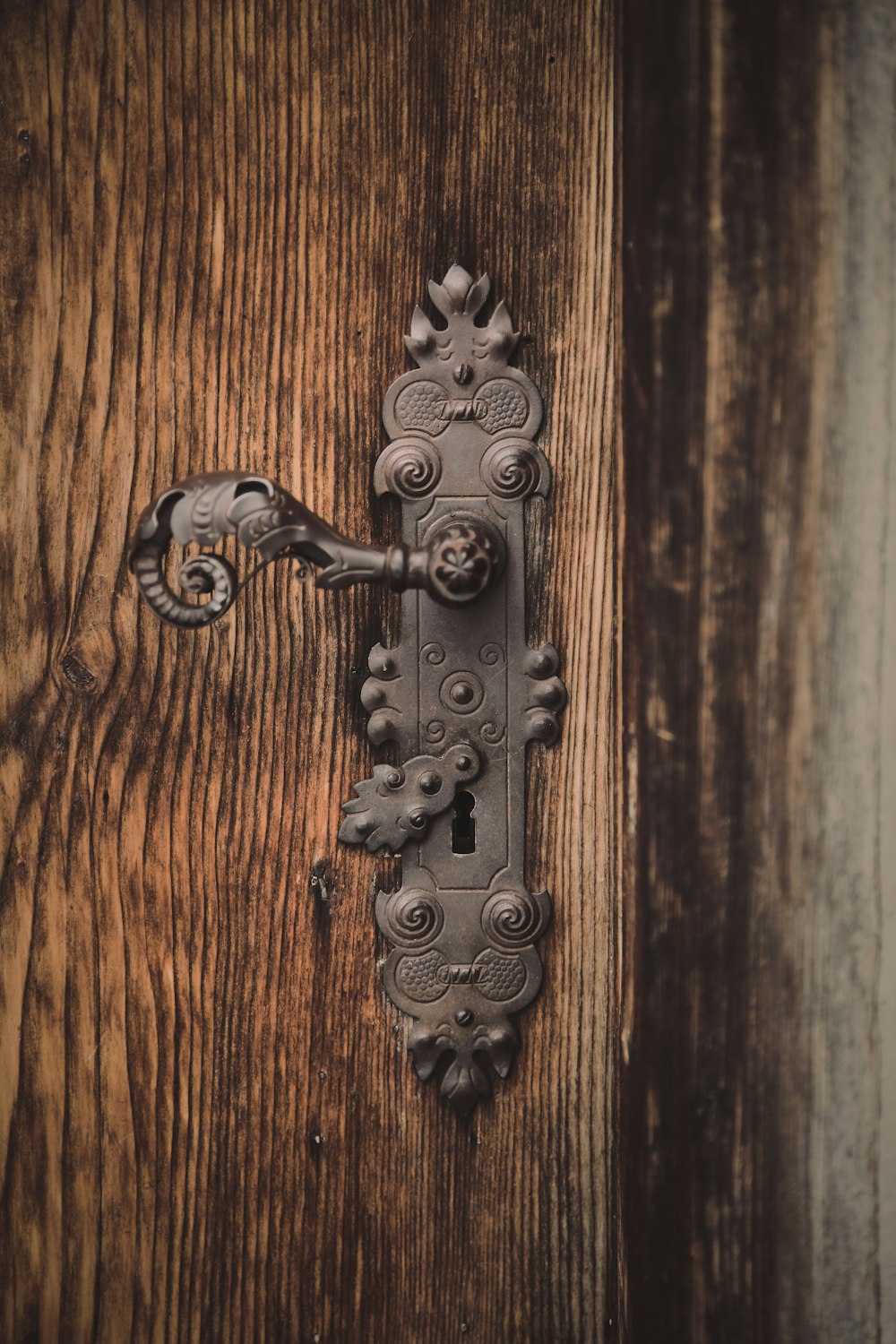 Manija de puerta de metal negro en puerta de madera marrón