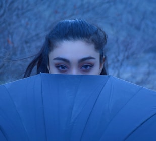 A person with dark hair partially hidden behind a blue fan with only their eyes visible. The background consists of blurred, barren branches, suggesting an outdoor setting.