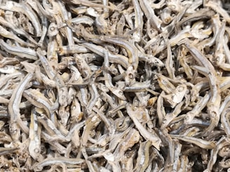 A large pile of small, dried fish with visible heads and tails, all overlapping each other. The texture is rough, and the fish appear to be preserved through drying.