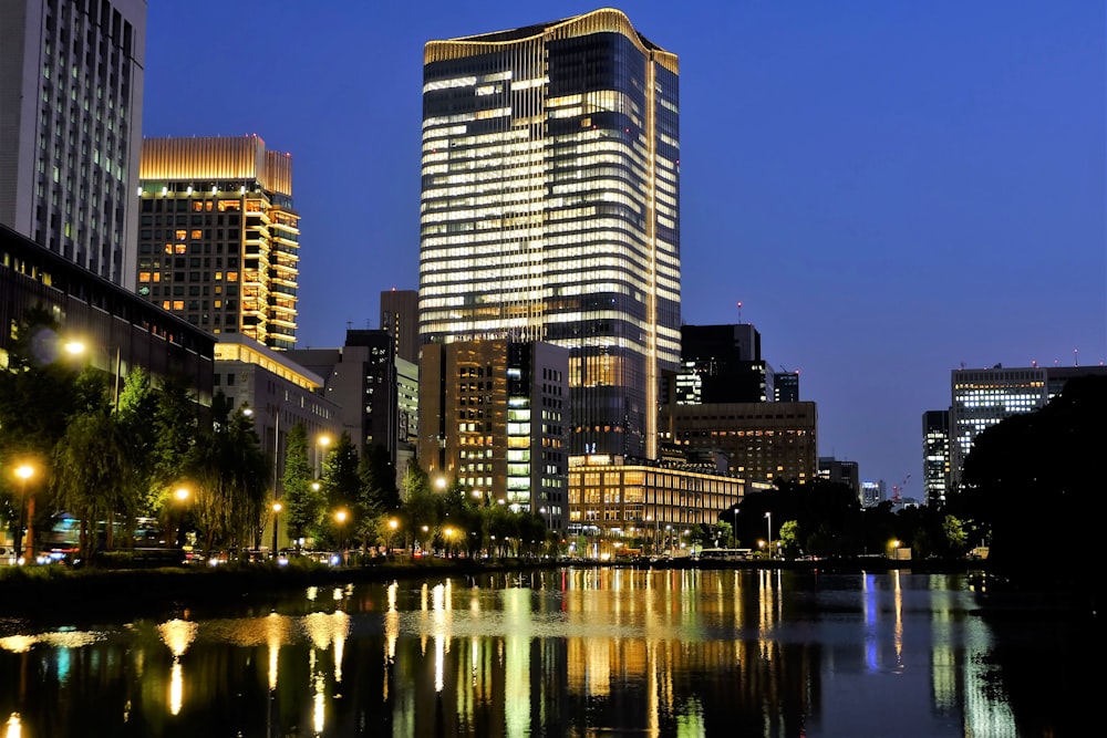 city skyline during night time