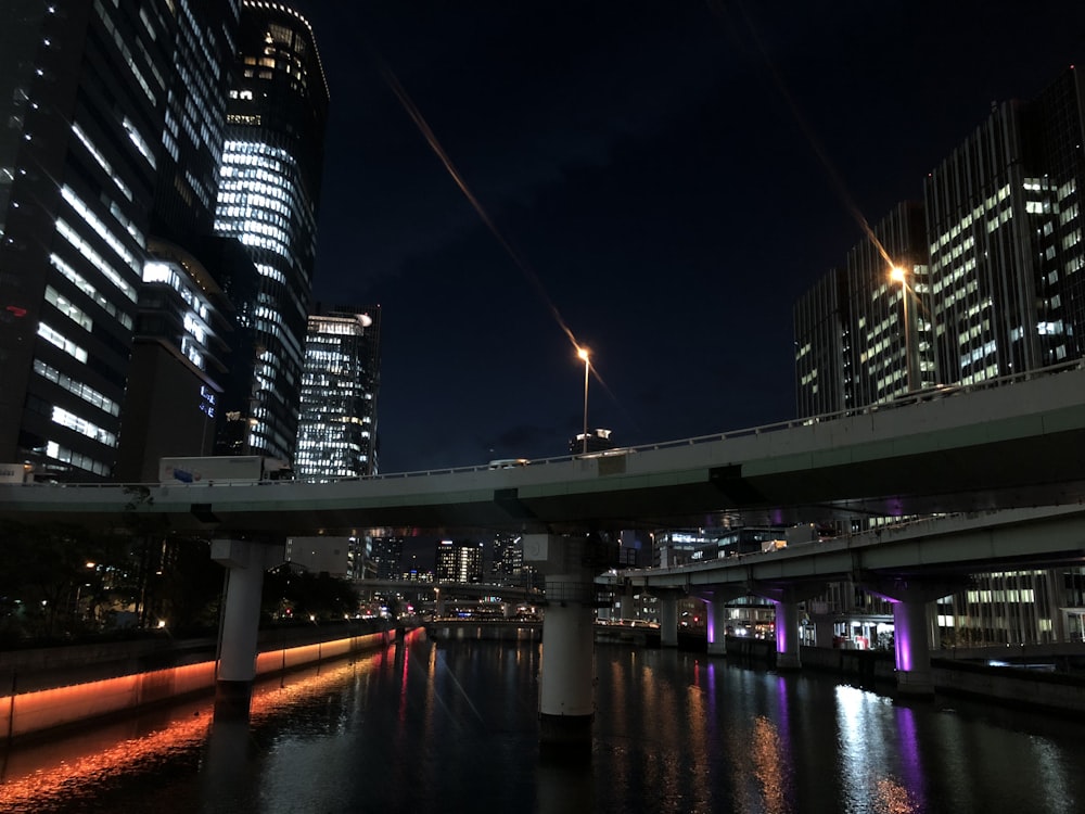 city skyline during night time