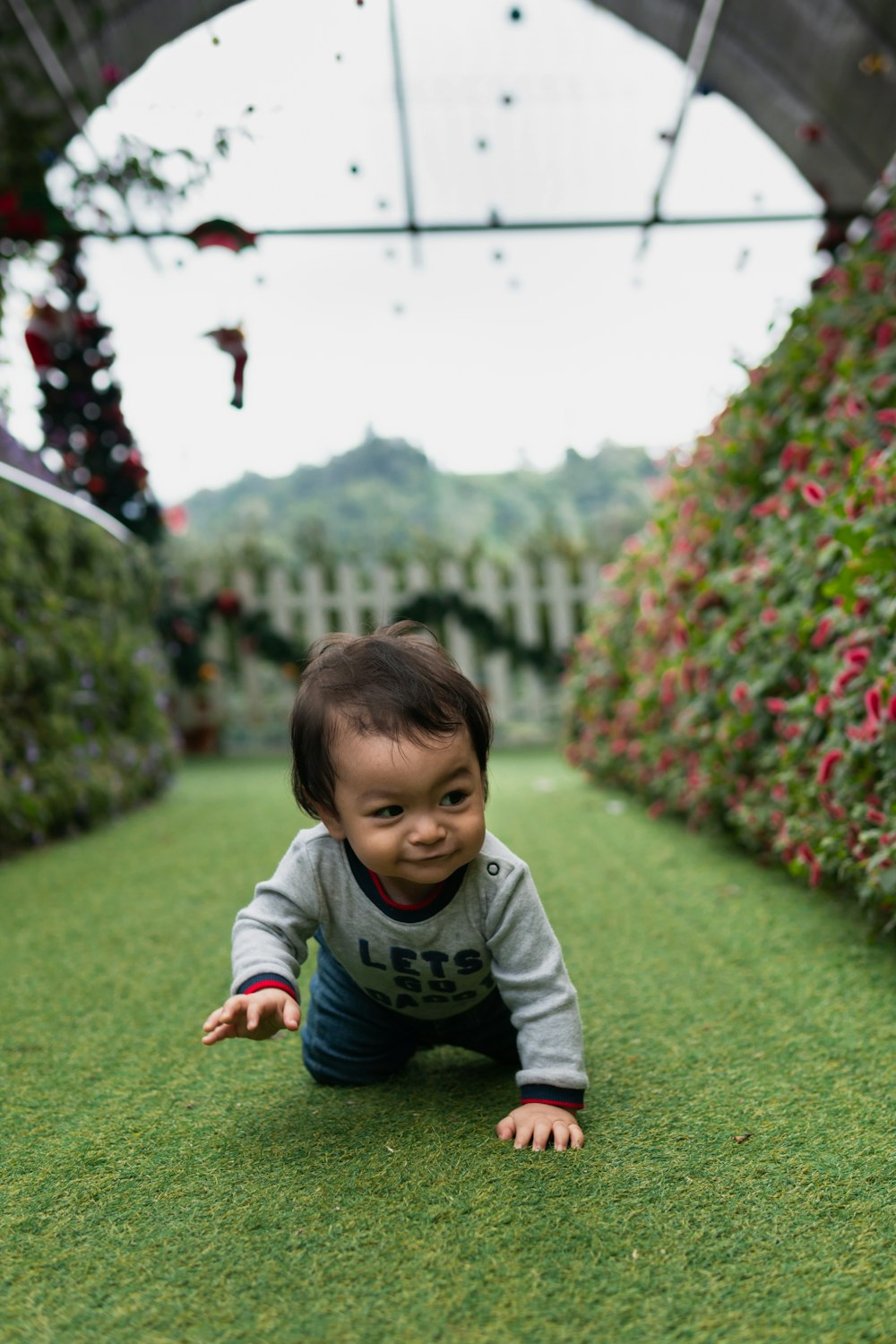 boy in gray and black sweater sitting on green grass field during daytime