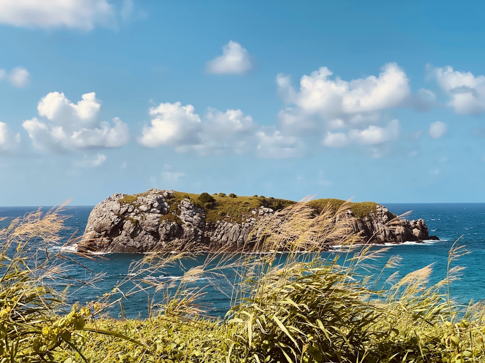 green and brown rock formation beside blue sea under blue and white cloudy sky during daytime